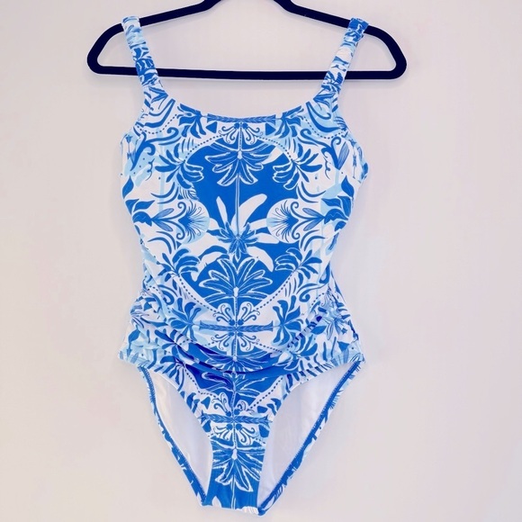 Jantzen Jolie Floral Swimsuit Tommy Control Women Size 8 One Piece Blue White - Picture 1 of 14